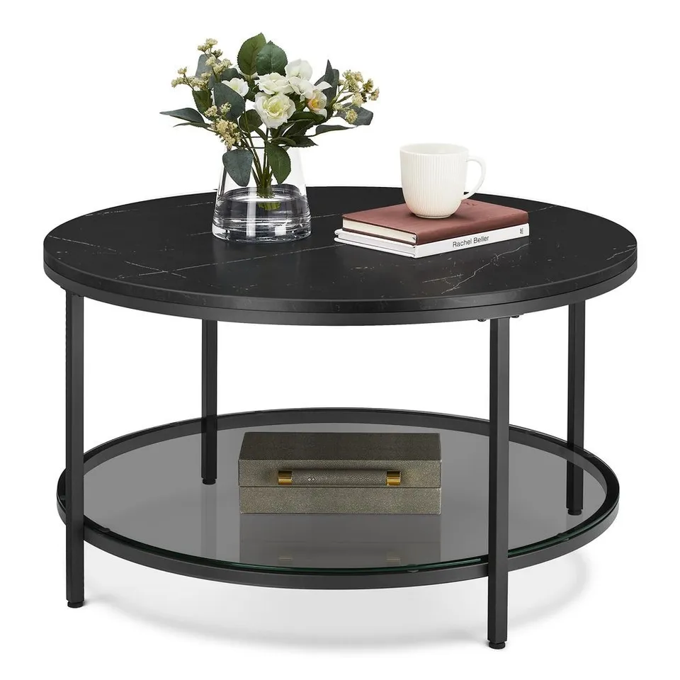 BOXED VASAGLE FAUX MARBLE ROUND COFFEE TABLE WITH STORAGE SHELF MARBLE BLACK AND INK BLACK