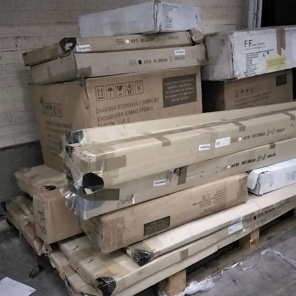 PALLET CONTAINING ASSORTED BOXED FURNITURE SUCH AS DINING SET , COFFEE TABLE , VITRINE CABINET 