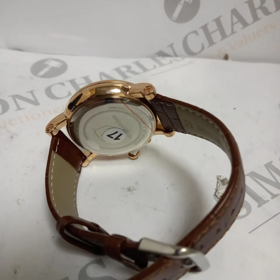 MENS LOUIS LACOMBE CHRONOGRAPH WATCH – MULTI FUNCTION DIAL WITH DATE – ROMAN NUMERAL DIAL – LEATHER STRAP 