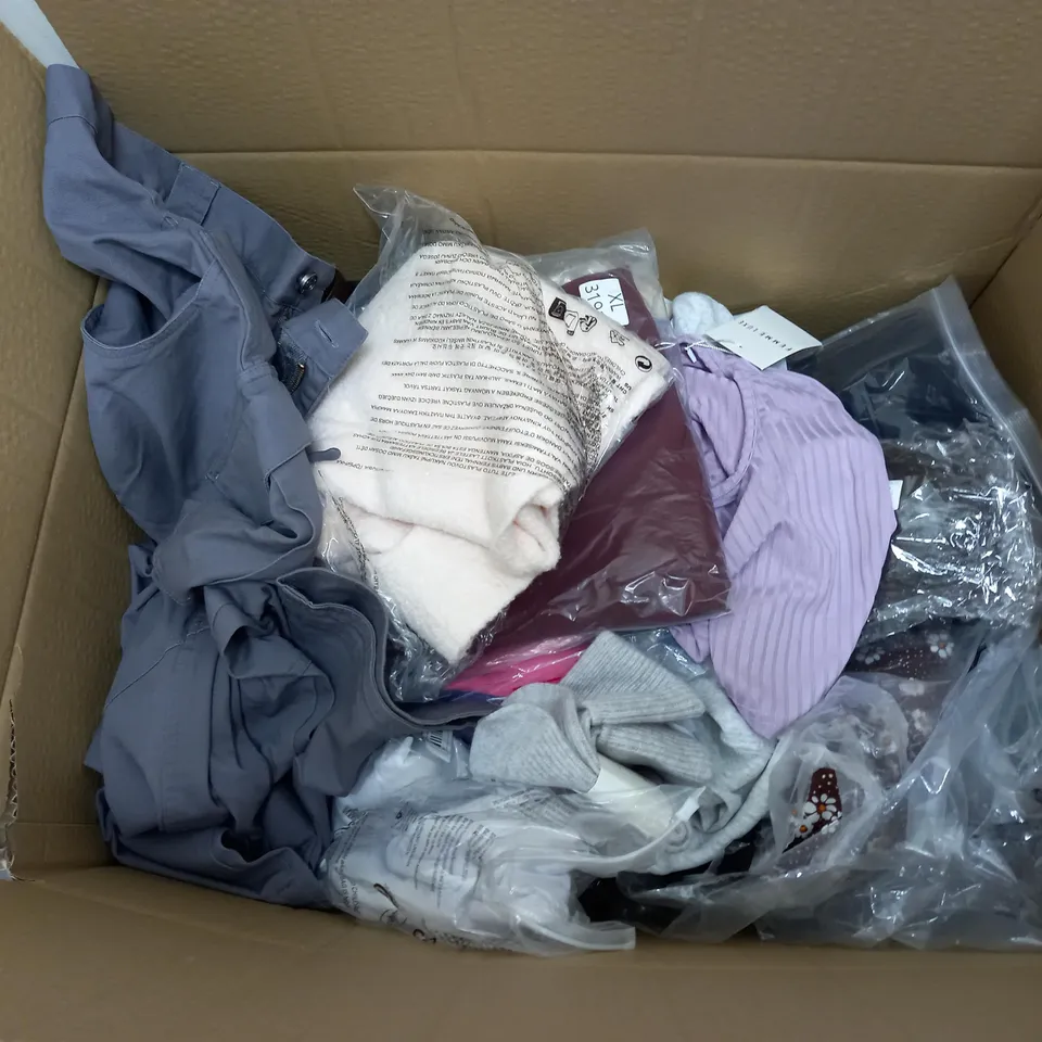 LARGE BOX OF ASSORTED CLOTHING ITEMS IN VARIOUS COLOURS AND SIZES INCLUDING TROUSERS , TOPS AND JUMPERS