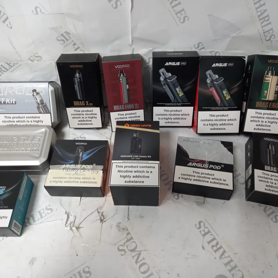 BOX OF APPROX 12 ASSORTED E-CIGARETTES TO INCLUDE - GEEK VAPE L200 - VOOPOO ARGUS OUTDOOR - VOOPOO ARGUS PRO
