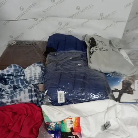 LARGE BOX OF ASSORTED CLOTHING ITEMS IN VARIOUS COLOURS AND SIZES INCLUDING TROUSERS , TOPS AND JUMPERS