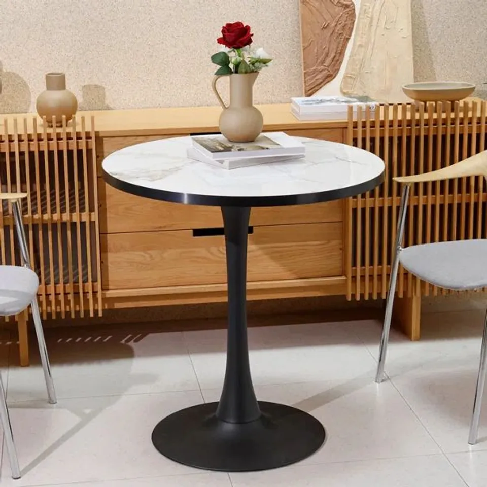 BOXED ROUND MARBLE DINING TABLE MID-CENTURY TABLE WITH METAL PEDESTAL (1 BOX)