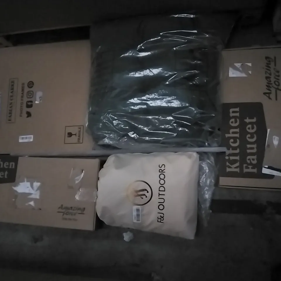 PALLET OF ASSORTED ITEMS INCLUDING KNITTING MACHINE, ANGEL SHIELD TOILET SEAT, KITCHEN FAUCET, FABIAN CLARKE PHOTO FRAMES, F&J OUTDOORS, ALPHA CAMP 
