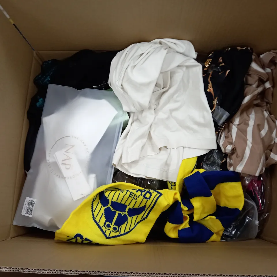 LARGE BOX OF ASSORTED CLOTHING ITEMS IN VARIOUS COLOURS AND SIZES INCLUDING TROUSERS , TOPS AND JUMPERS