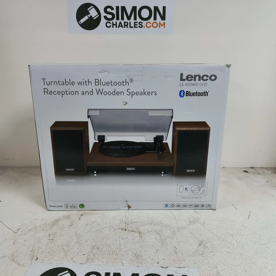 BOXED LENCO TURNTABLE WITH BLUETOOTH RECEPTION AND WOODEN SPEAKERS