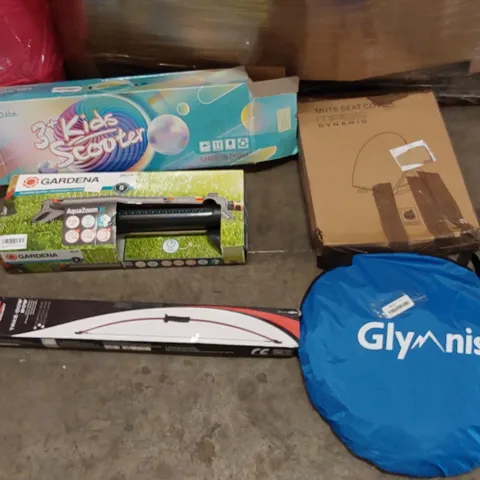 PALLET OF ASSORTED CONSUMER PRODUCTS TO INCLUDE; GARDEN SPRINKLER, KID'S SCOOTER, POP-UP TENT, NIK'A ARCHERY BOW, TOILET SEAT ECT