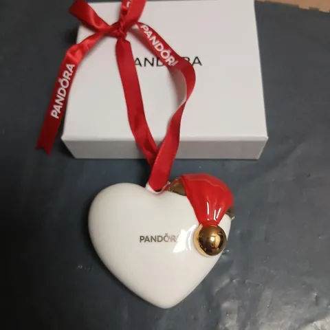 PANDORA WHITE HEART CHARM TREE DECORATION WITH RED RIBBON – GIFT BOXED