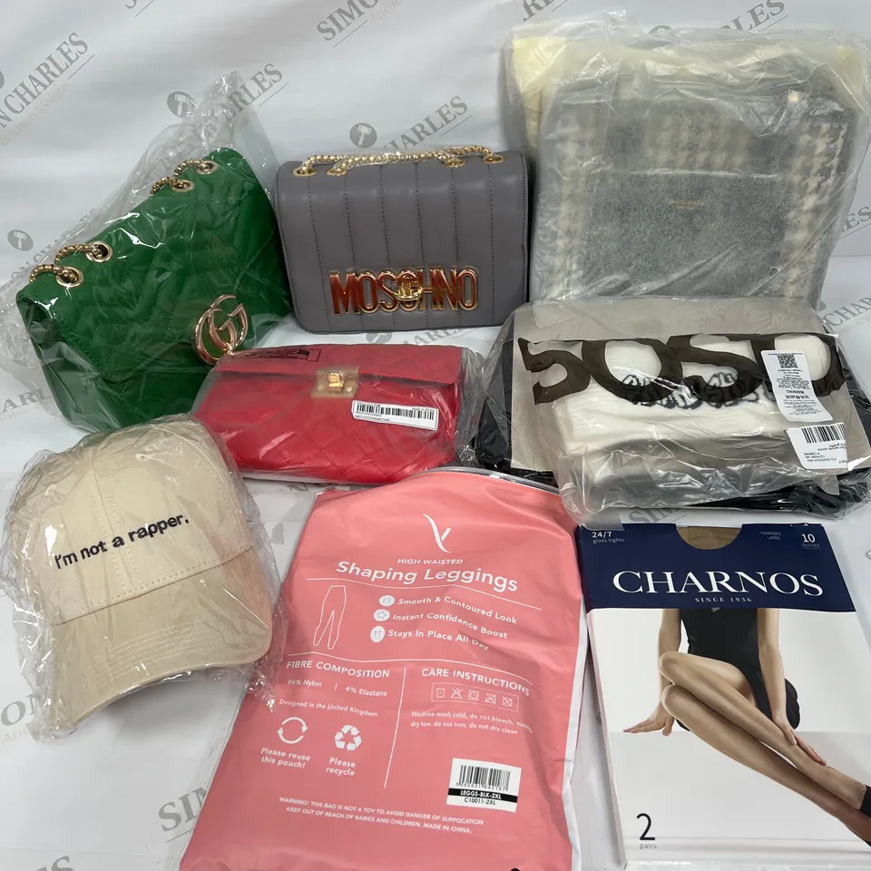 MEDIUM BOX OF ASSORTED ACCESSORIES TO INCLUDE BAGS, CAPS AND TIGHTS