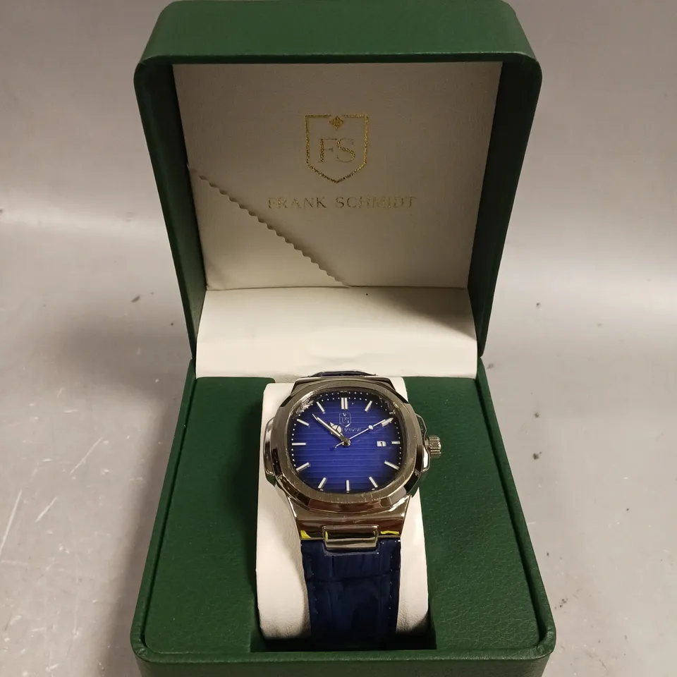 MENS FRANK SCHMIDT WATCH – TEXTURED DIAL WITH DATE – LEATHER STRAP- MODEL: FSL AMBASSADOR – 3ATM WATER RESISTANT