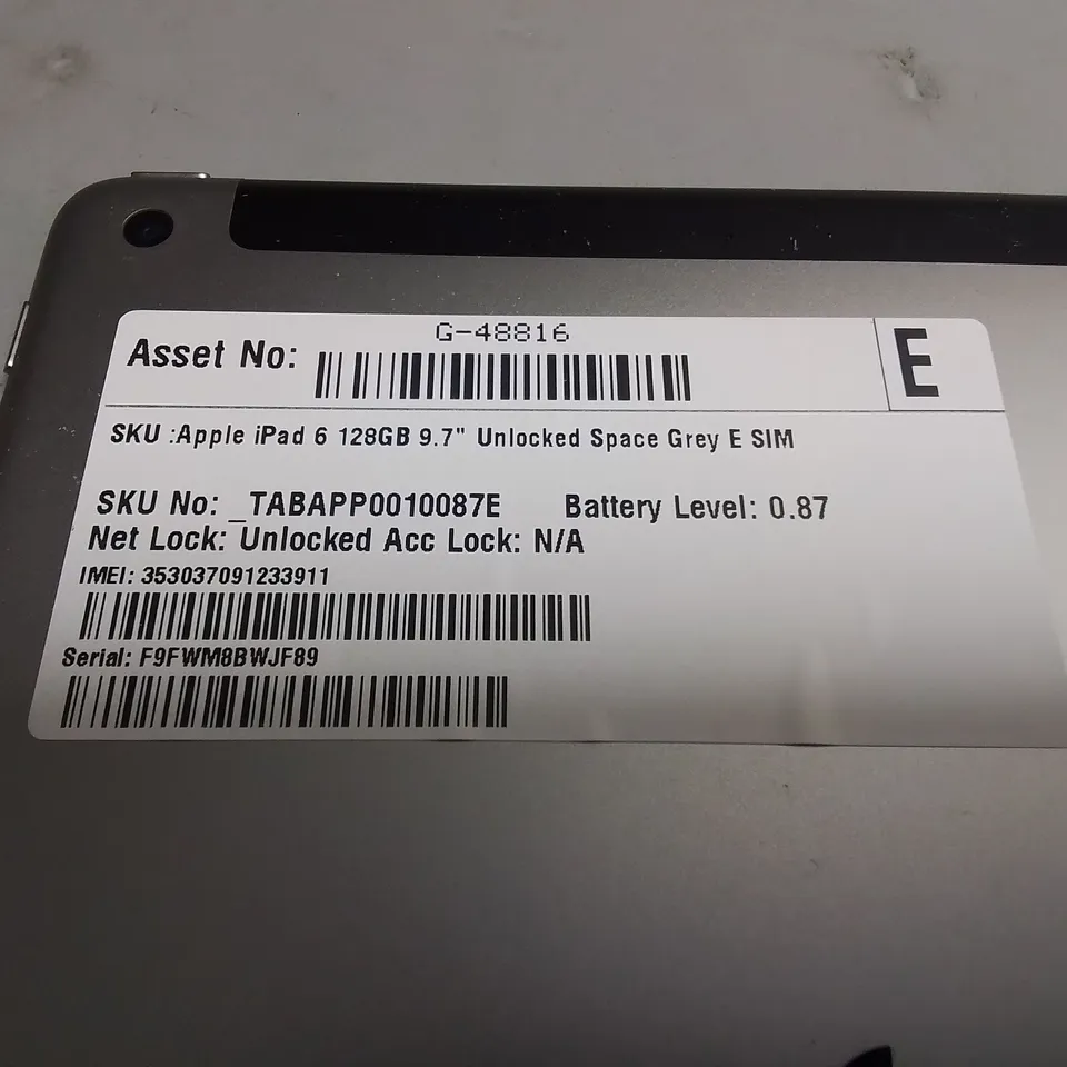 UNBOXED APPLE IPAD 6 128GB 9.7"  IN SPACE GREY