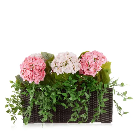 GARDEN REFLECTION INDOOR OUTDOOR HYDRANGEA AND IVY IN WINDOW DECORATION IN PINK