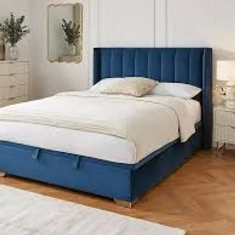 BOXED DAKOTA VELVET END LIFT UP STORAGE OTTOMAN KING BED - BLUE (5 BOXES)