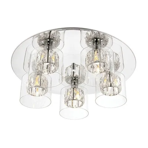 BOXED VERINA 5 LIGHT FLUSH CEILING FITTING IN POLISHED CHROME FINISH WITH CLEAR CRYSTALS AND GLASS SHADES