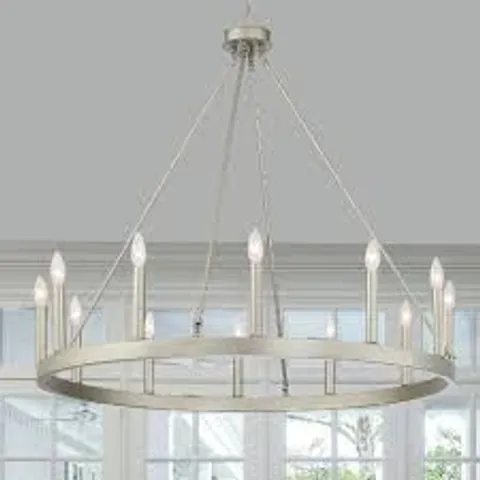 BRAND NEW BOXED 12 LIGHT CANDLE STYLE WAGON WHEEL CHANDELIER - ANTIQUE SILVER
