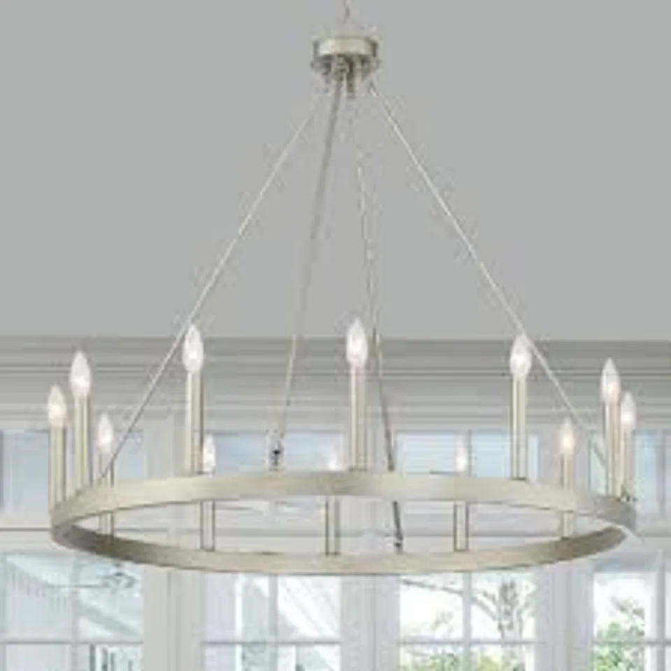 BRAND NEW BOXED 12 LIGHT CANDLE STYLE WAGON WHEEL CHANDELIER - ANTIQUE SILVER