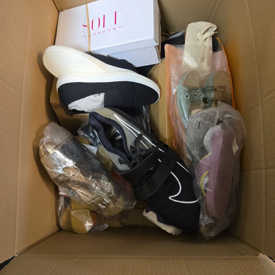 BOX OF APPROXIMATELY 12 PAIRS OF ASSORTED SHOES IN VARIOUS STYLES , COLOURS AND SIZES