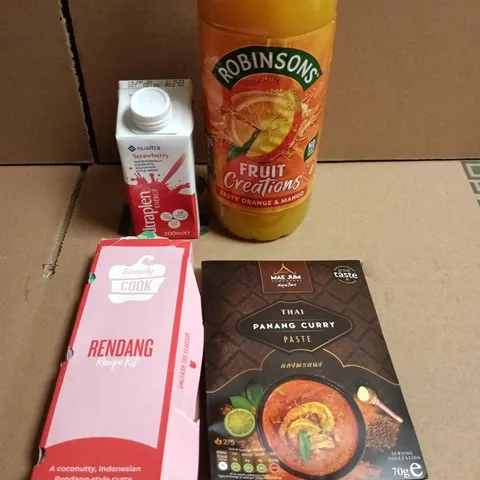 APPROXIMATELY 10 ASSORTED FOOD/DRINK PRODUCTS TO INCLUDE ROBINSONS DRINK, SIMPLY COOK SEASONING, PANANG CURRY PASTE ETC 