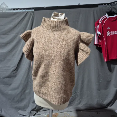 ZARA Wool Knit Turtleneck Jumper with Ruffle Sleeves – Size L