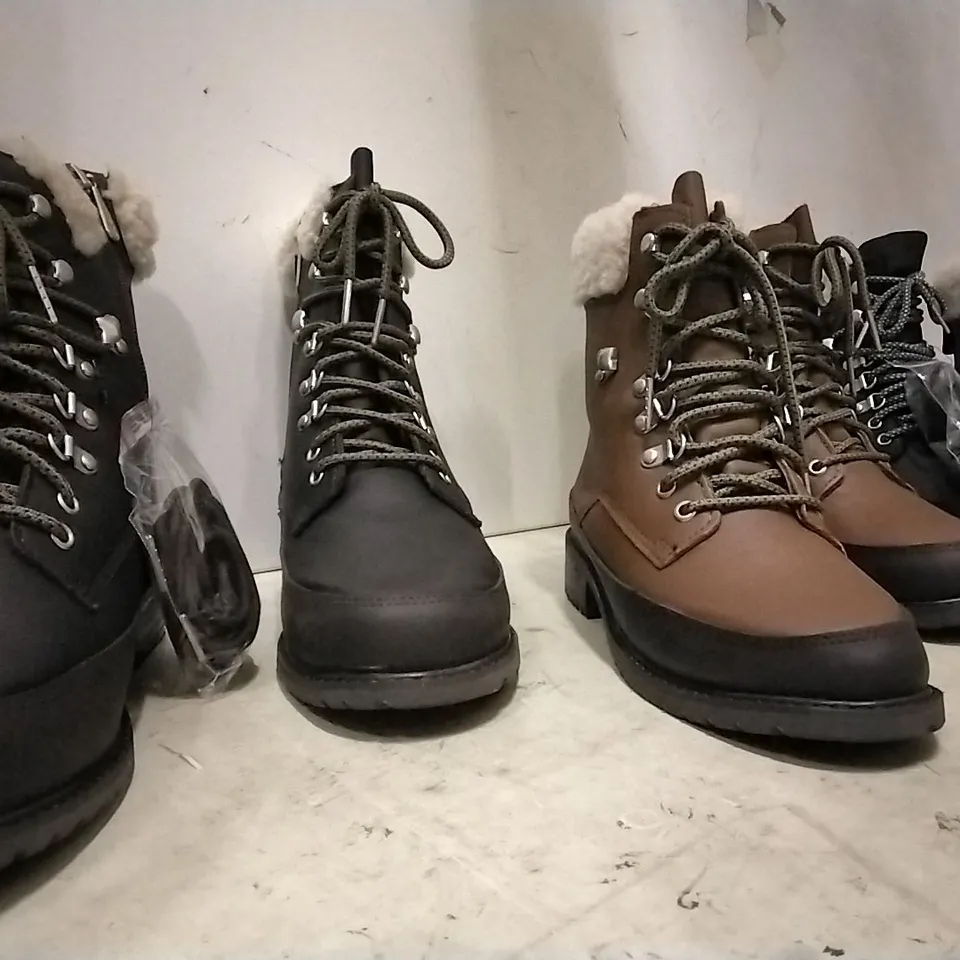 BOXED UNISEX EMU AUSTRALIA OKAB BOOTS , 1 PAIR BLACK  SIZE 3 , 2 PAIRS OAK SIZE 9 , 1 PAIR ESPRESSO SIZE 9