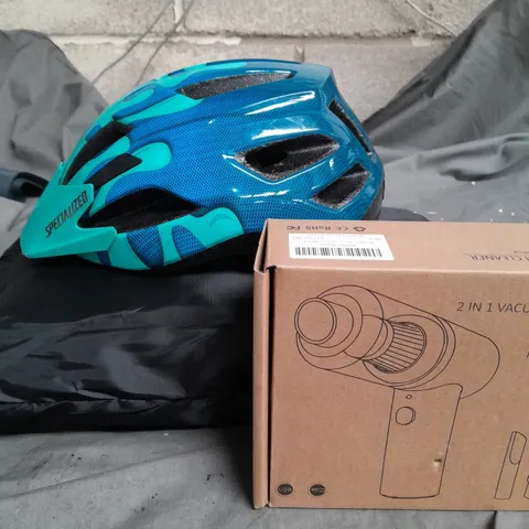 BOX OF ASSORTED CAR ITEMS TO INCLUDE - HELMET - TOOLS - VACUUM CLEANER - COLLECTION ONLY