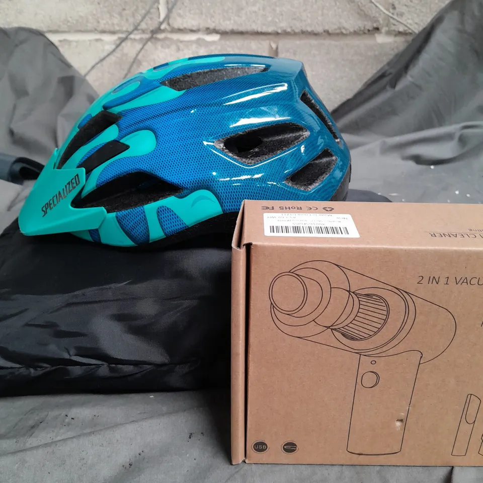 BOX OF ASSORTED CAR ITEMS TO INCLUDE - HELMET - TOOLS - VACUUM CLEANER - COLLECTION ONLY 