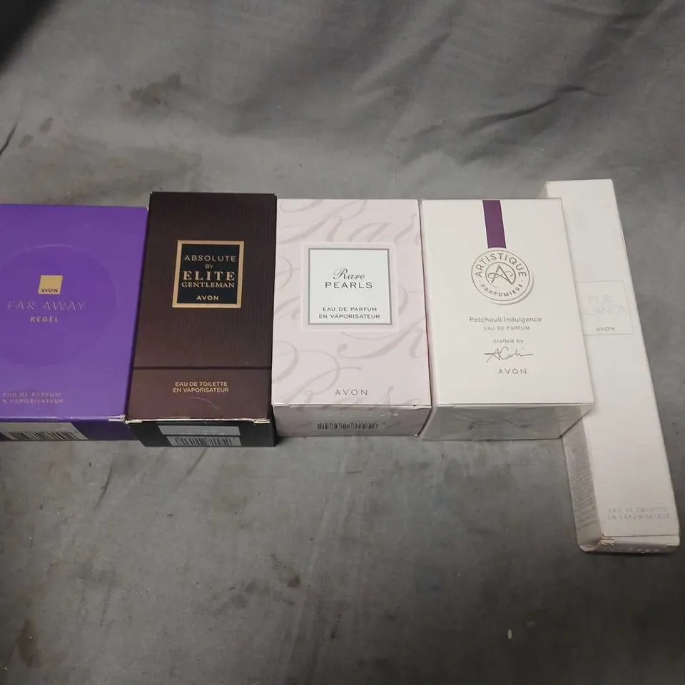 FIVE ASSORTED AVON FRAGRANCES TO INCLUDE; RARE PEARLS, PUR BLANCA AND FAR AWAY REBEL