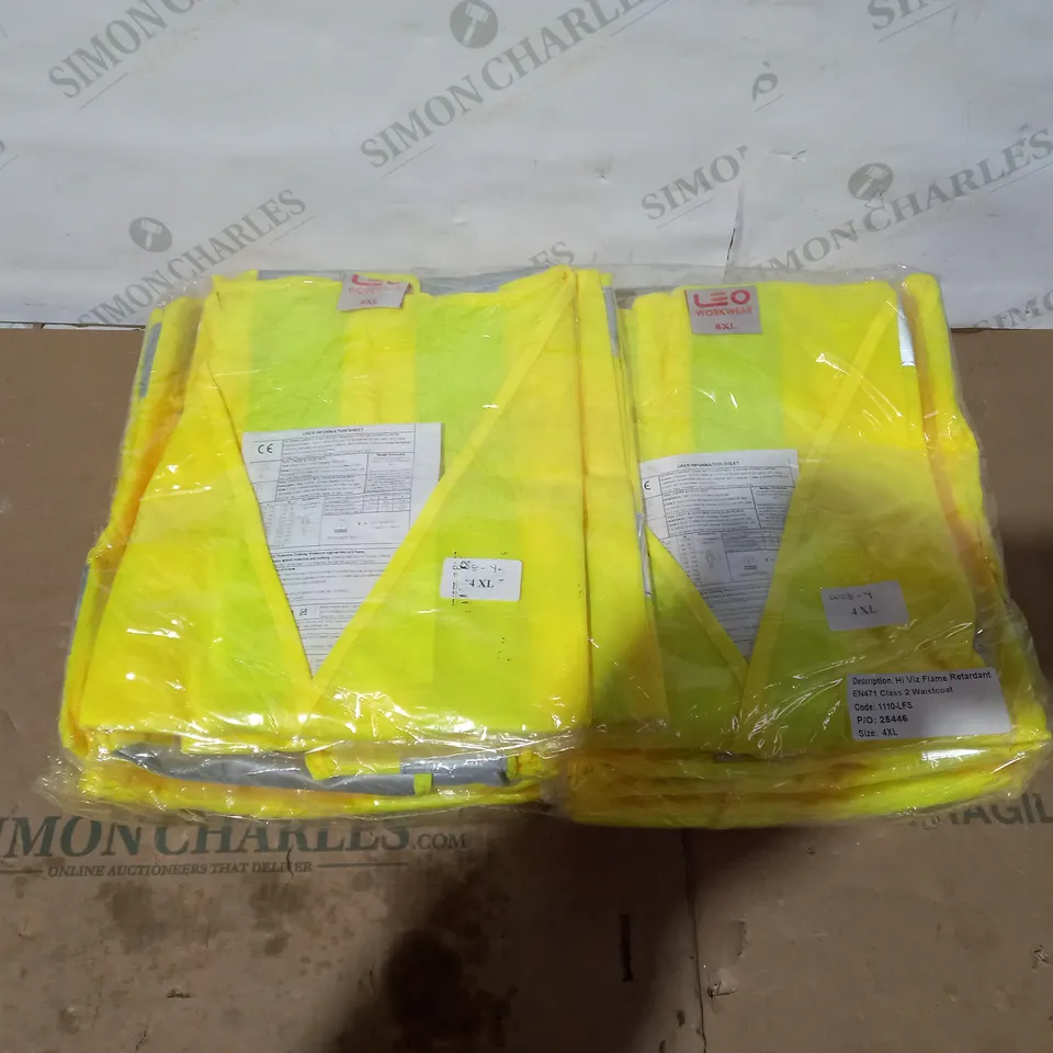 PACK OF BRAND NEW LEO WORKWEAR HI VIZ FLAME RETARDANT EN471 CLASS 2 WAISTCOAT - 4XL (APPROXIMATELY 10 PER PACK)