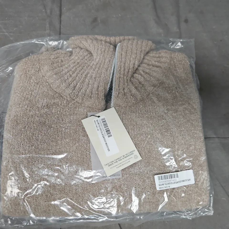 KAIIA KNIT FOLD OVER COLLAR 1/4 ZIP SWEATER IN TAUPE SIZE MEDIUM