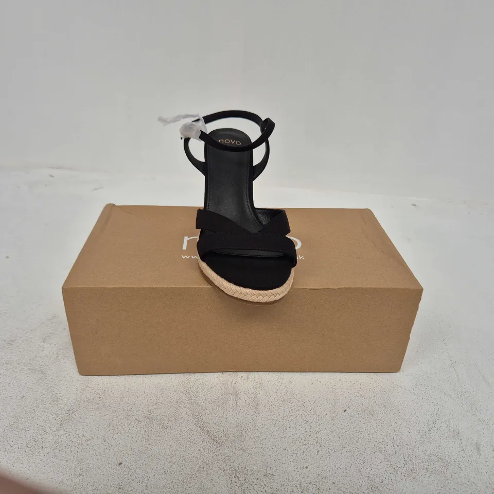 BOXED PAIR OF NOVO BIANCA TWO PART CORK WEDGE SANDALS IN BLACK UK 6