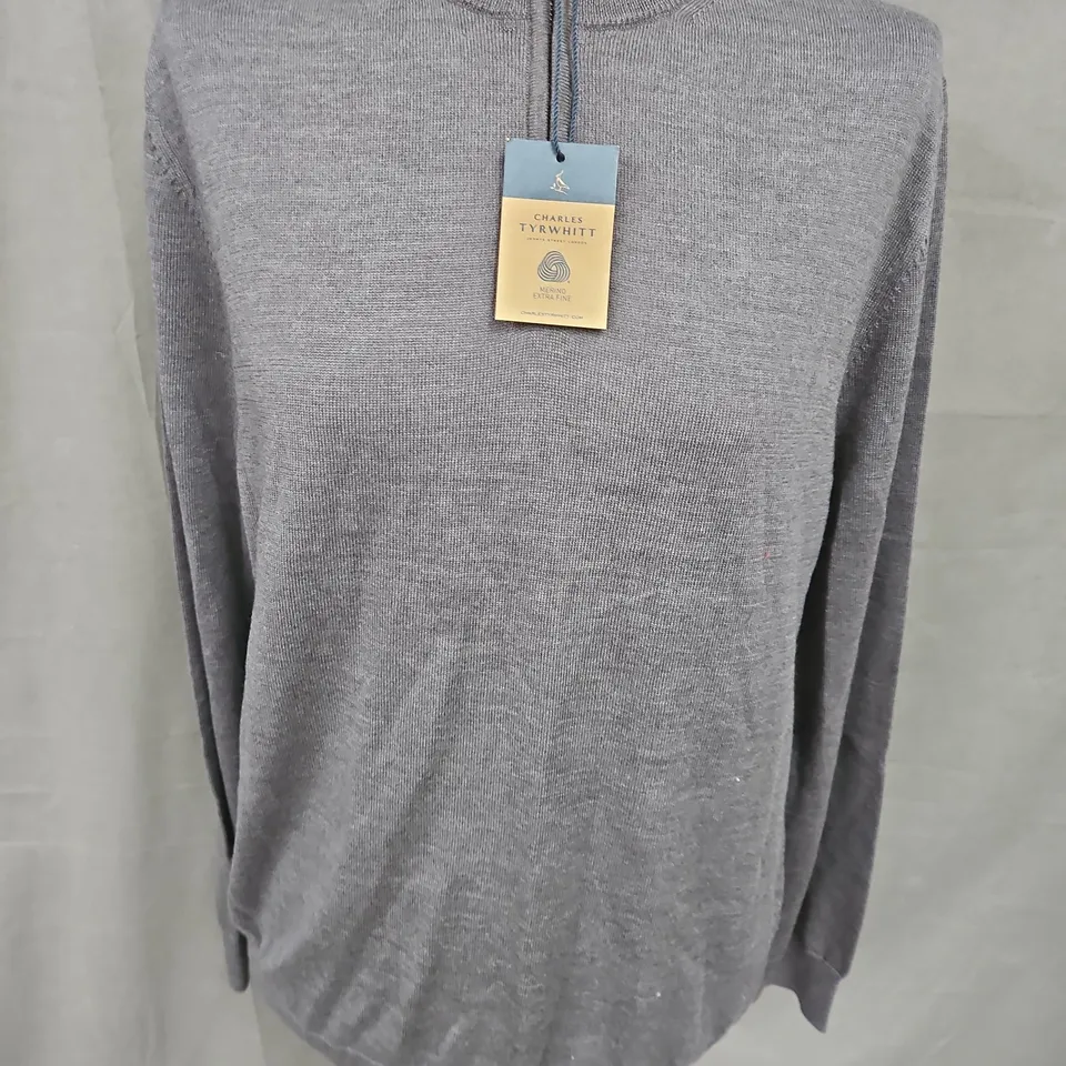 CHARLES TYRWHITT PURE MERINO ZIP NECK JUMPER IN GREY SIZE M