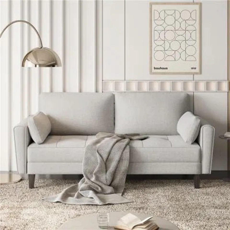 BOXED 2 SEATER FABRIC SOFA COUCH WITH SIDE STORAGE POCKETS (2 BOXES)