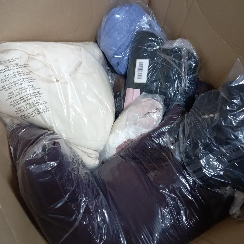 BOX OF ASSORTED CLOTHING ITEMS TOO INCLUDE BAGS , TOPS, AND TROUSERS   ETC. 