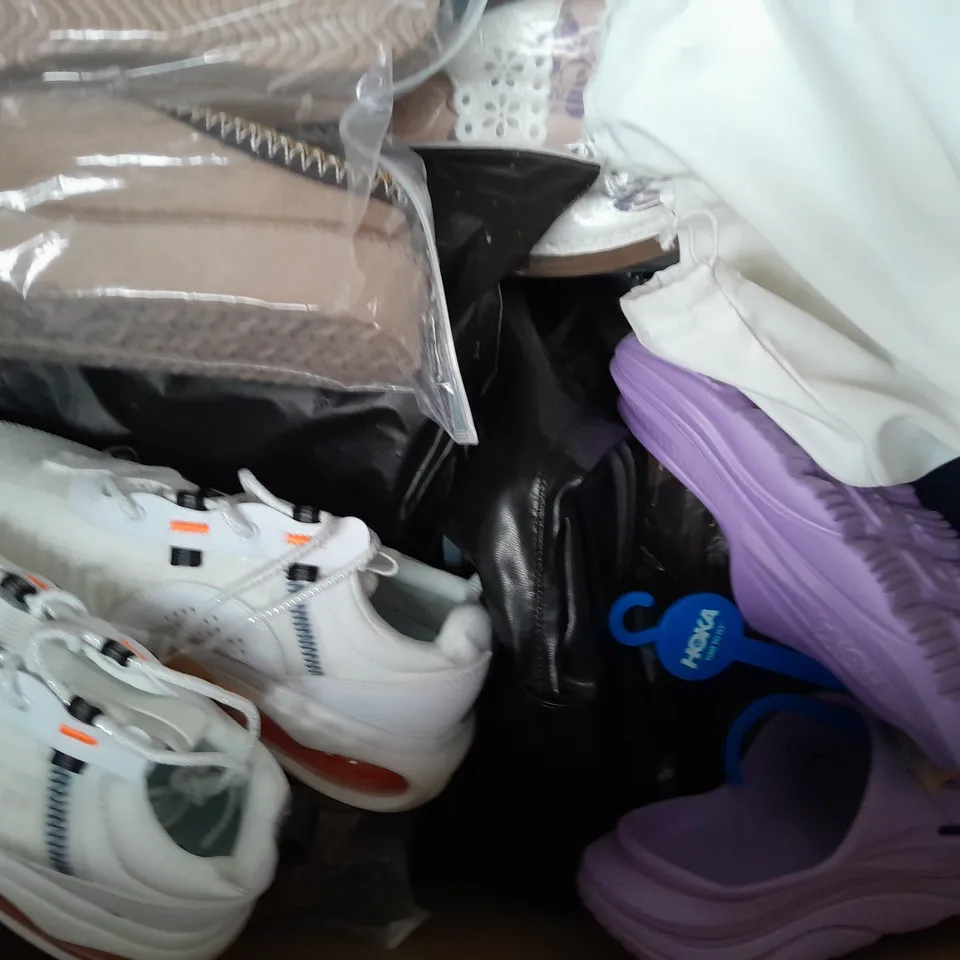 BOX OF APPROXIMATELY 15 ASSORTED PAIRS OF SHOES AND FOOTWEAR ITEMS IN VARIOUS COLOURS, STYLES, AND SIZES - COLLECTION ONLY