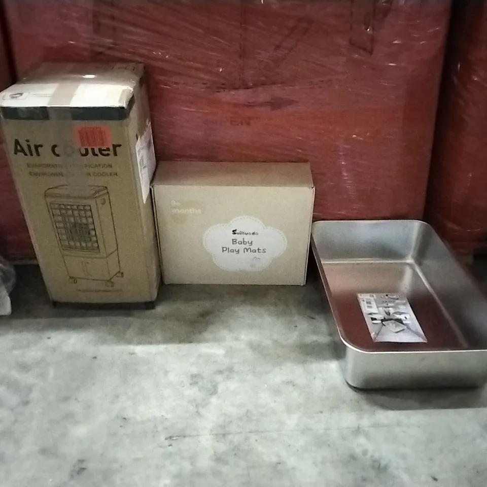 PALLET OF ASSORTED PRODUCTS AND HOUSEHOLD GOODS TO INCLUDE;AIR COOLER,BABY PLAY MATS,STAINLESS STEEL CAT LITTER TRAY