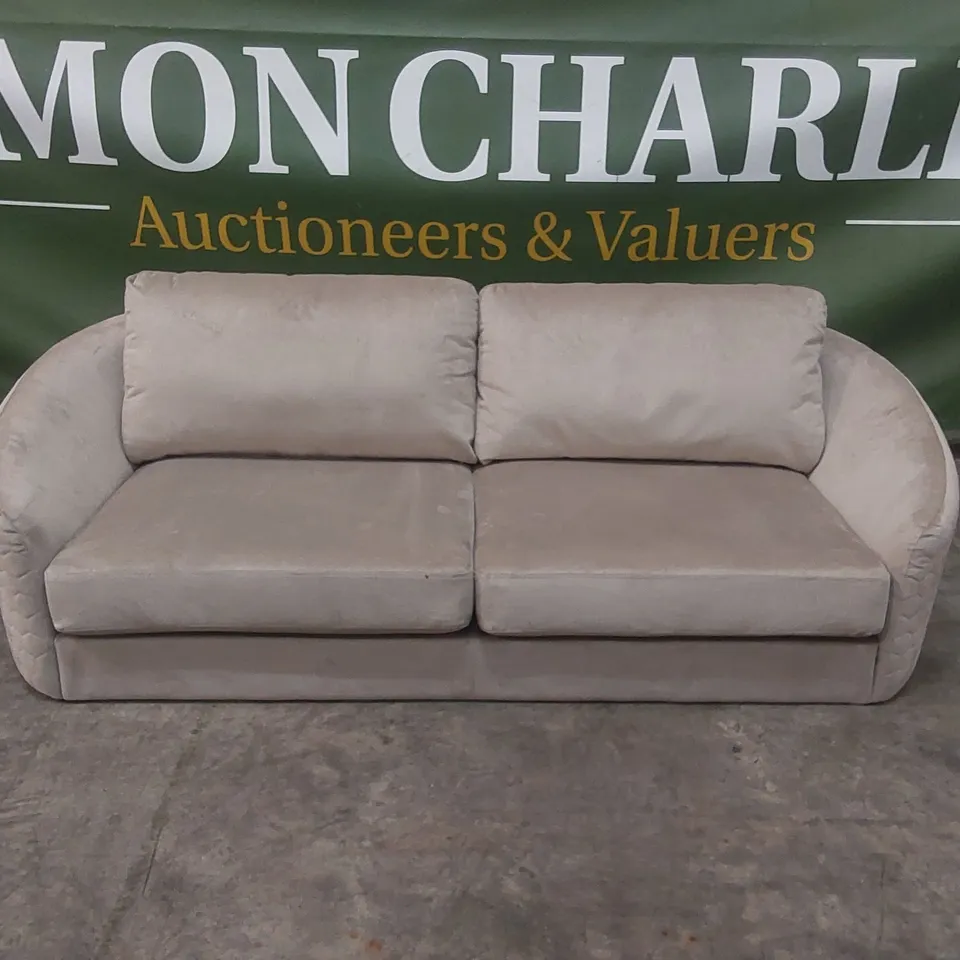 QUALITY DESIGNER 3 SEATER VELVET UPHOLSTERED CREAM SOFA