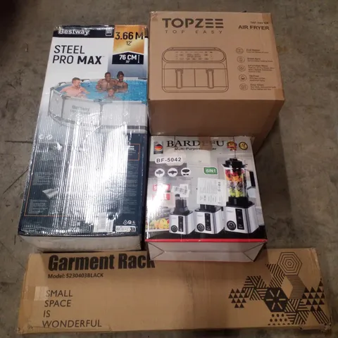 PALLET CONTAINING ASSORTED PRODUCTS INCLUDING AIR FRYER, BESTWAY STEEL PRO MAX, MULTI-PURPOSE JUICER & GARMENT RACK