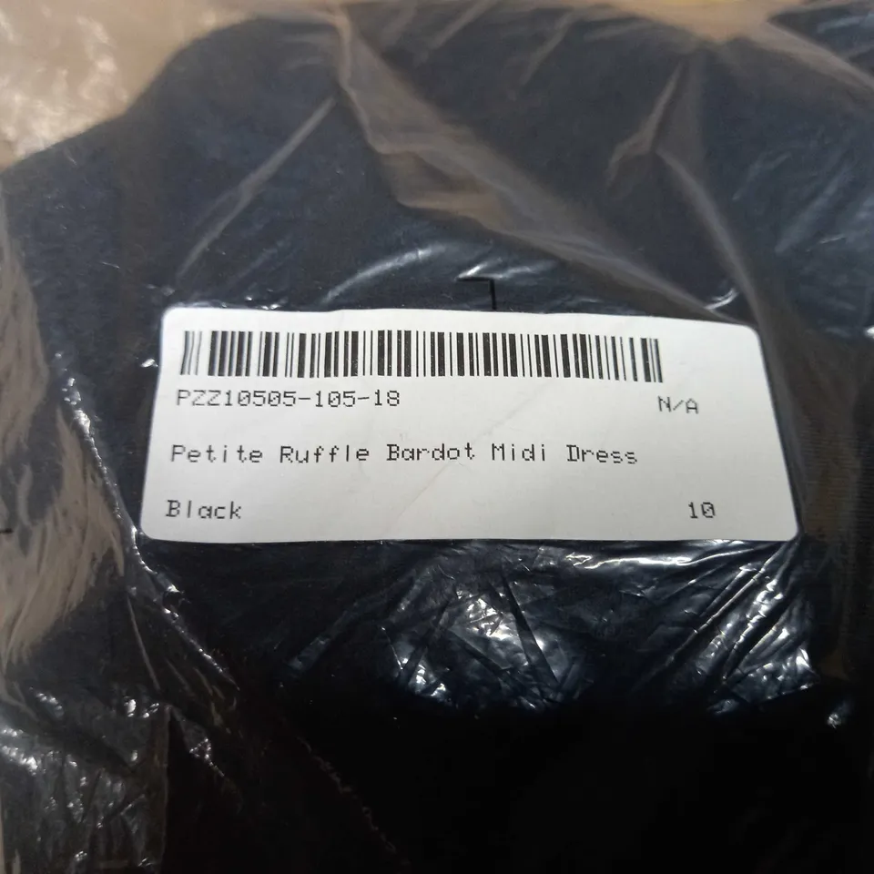 PACKAGED BLACK RUFFLE BARDOT MIDI DRESS - PETITE SIZE 10