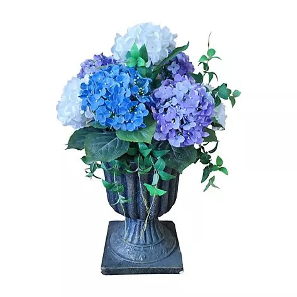 GARDEN REFLECTION INDOOR OUTDOOR HYDRANGEA AND IVY IN WINDOW DECORATION IN BLUE