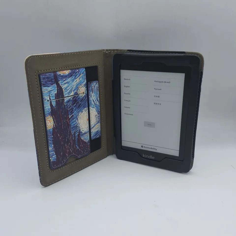 AMAZON KINDLE E-READER PQ94WIF IN BLUE WITH ART THEMED FOLIO CASE