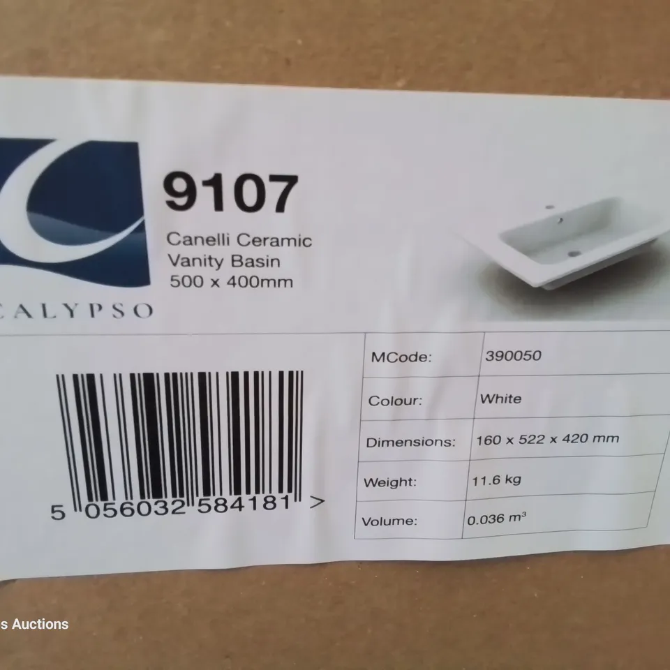 BOXED CANELLI CERAMIC SINGLE TAP VANITY BASIN WHITE 500 × 400mm