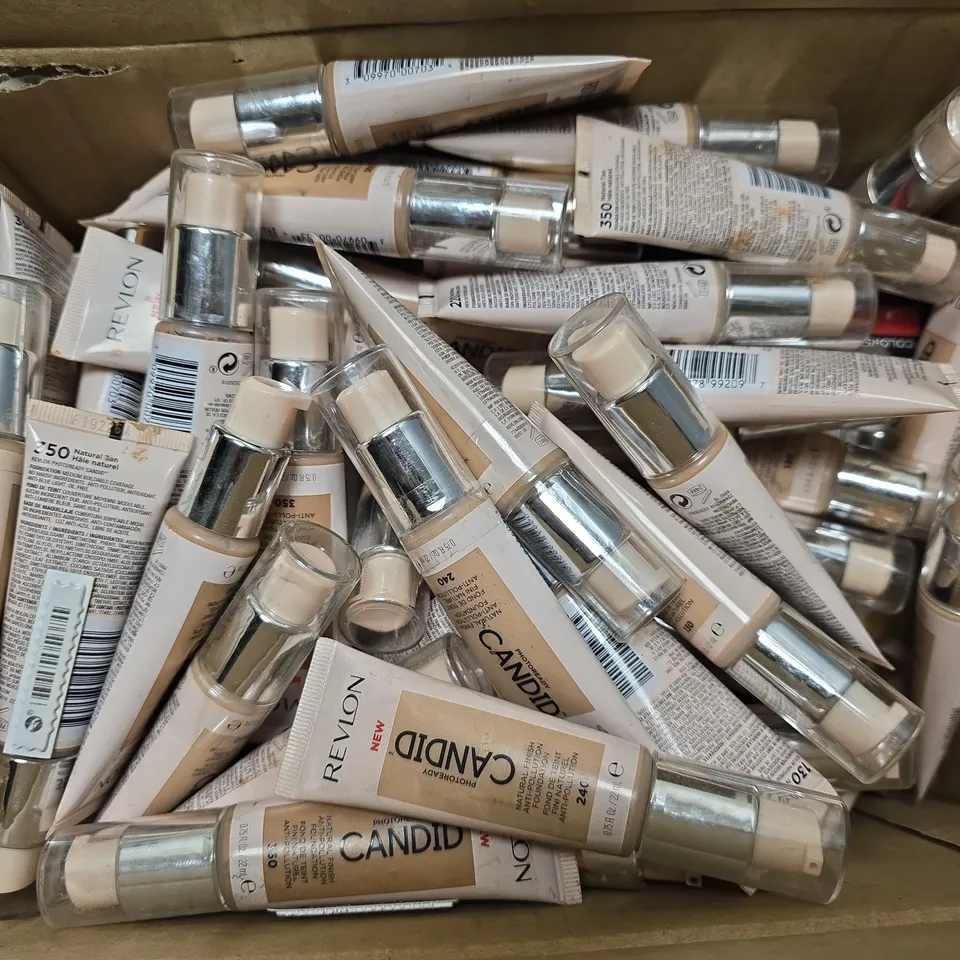 BOX OF APPROXIMATELY 40 ASSORTED ITEMS TO INCLUDE  - REVLON CANDID NATURAL FINISH FOUNDATION 240 , REVLON COLOUR STAY SATIN INK 015 FIRE & ICE , REVLON CANDID NATURAL FINISH FOUNDATION 350