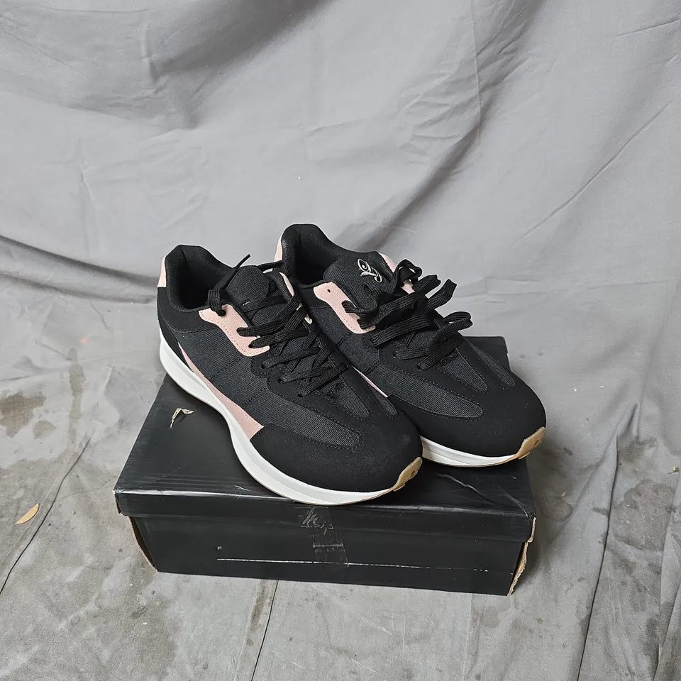 LOYALTY AND FAITH BLACK TRAINERS WITH PINK ACCENTS, BOXED SIZE 7