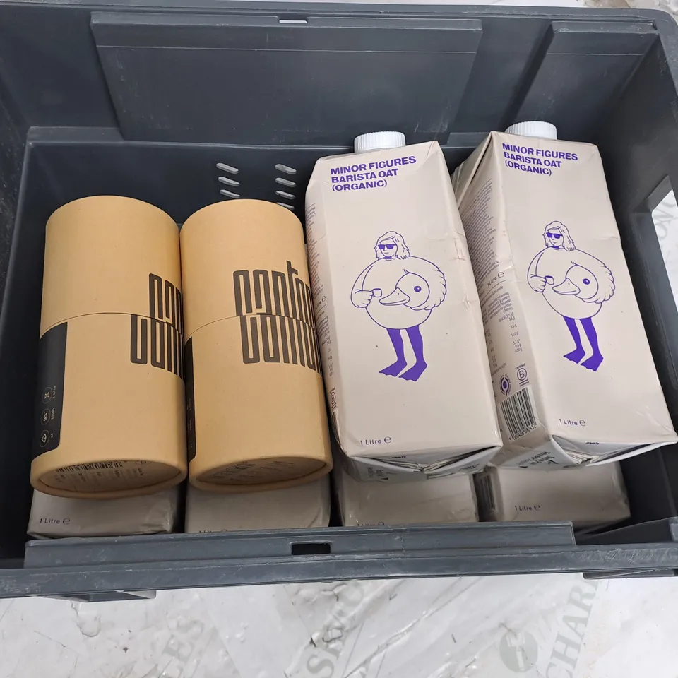 TOTE OF ASSORTED FOOD AD DRINK ITEMS TOO INCLUDE BARISTA OAT AND HERBAL TEA 