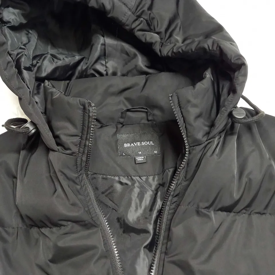 WOMENS BRAVE SOUL LONG BLAK PUFFER COAT - SIZE 14 - BLACK