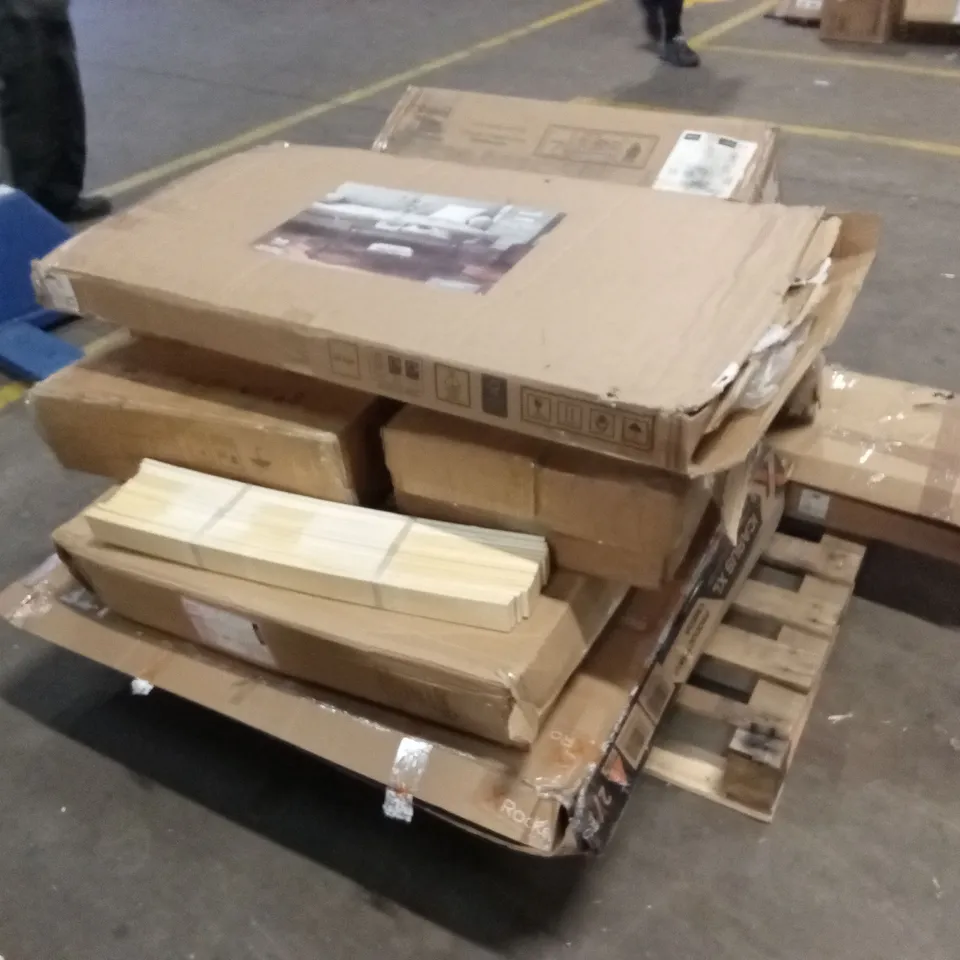 PALLET OF ASSORTED INCOMPLETE DESIGNER FURNITURE PARTS AND PIECES 