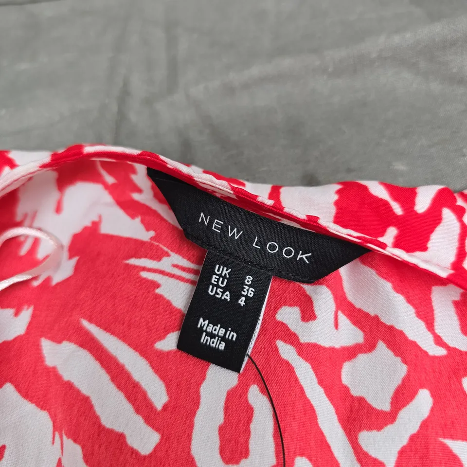 NEW LOOK WOMEN’S DRESS – RED/WHITE ABSTRACT PRINT, PUFF SLEEVES, UK 8 (EU 36, US 4)