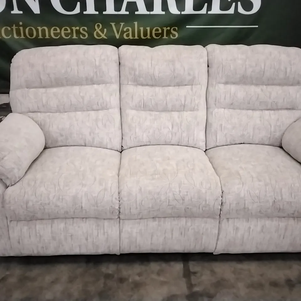 QUALITY DESIGNER CREAM PATTERNED FABRIC MANUAL RECLINING 3 SEATER SOFA