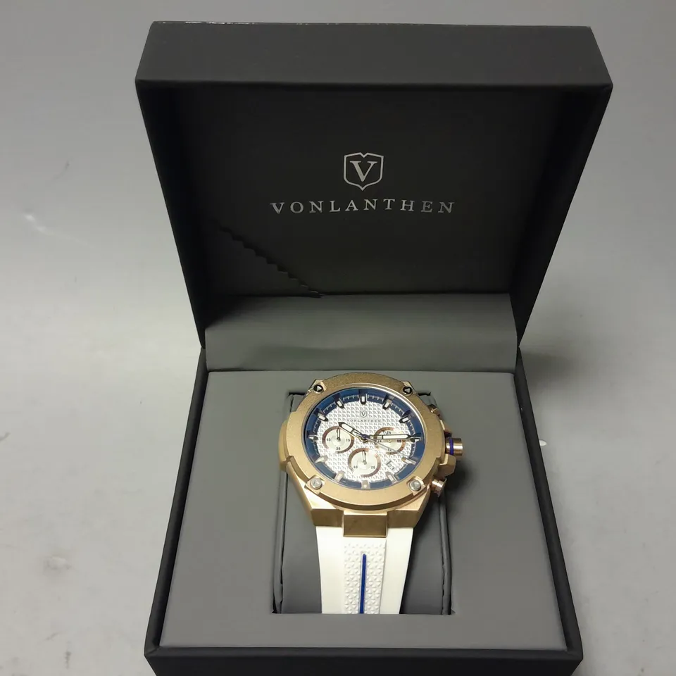MENS VONLANTHEN CHRONOGRAPH WATCH – V200 – TEXTURED DIAL – 3ATM WATER RESISTANT – WHITE RUBBER STRAP