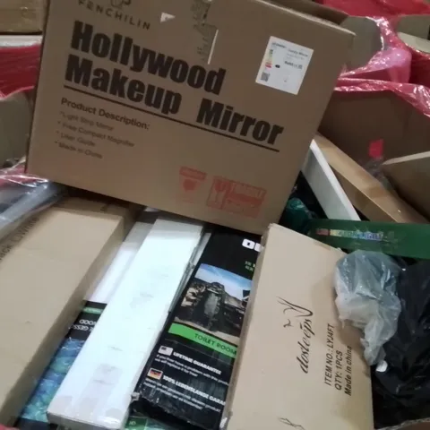 PALLET CONTAINING VARIOUS ASSORTED BOXED HOUSEHOLD ITEMS TO INCLUDE: HOLLYWOOD MAKEUP MIRROR, STRETCHED CANVAS, POP UP TENT TOILET ROOM, AND LOTS MORE UNMARKED BOXED ITEMS 